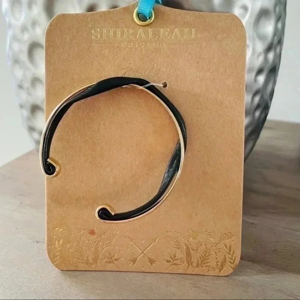 Anthropologie Shiraleah Chicago Verna cuff bracelet brass and black leather NWT